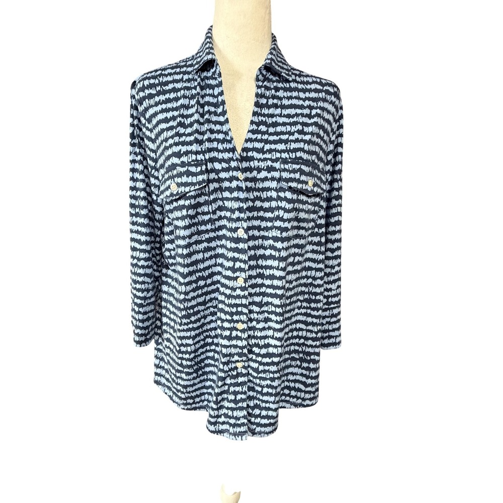 J McLaughlin Shirt Womens L Blue Stripe Button Up 3/4 Sleeve Jersey Top Stretch